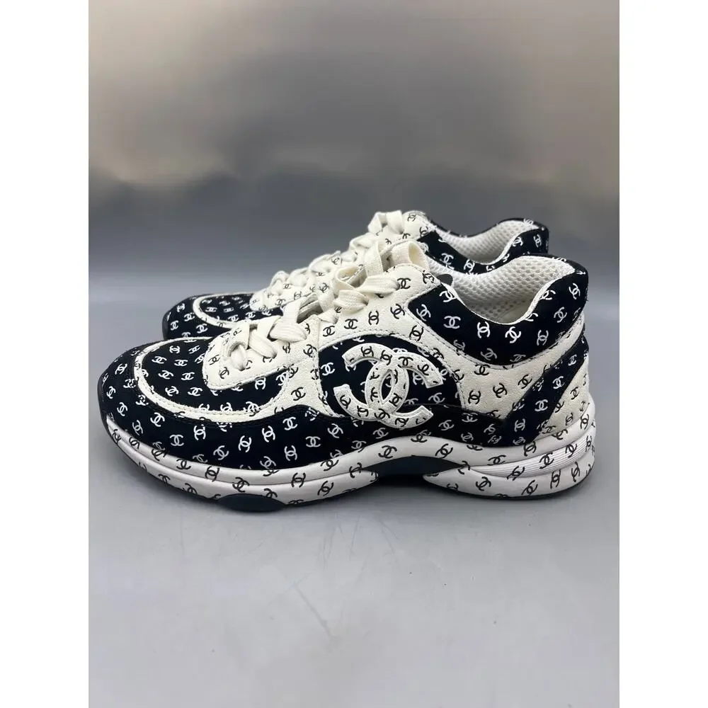 Chanel 22A womens Black White Suede All Over CC Logo Low Top Trainer Sneakers 39